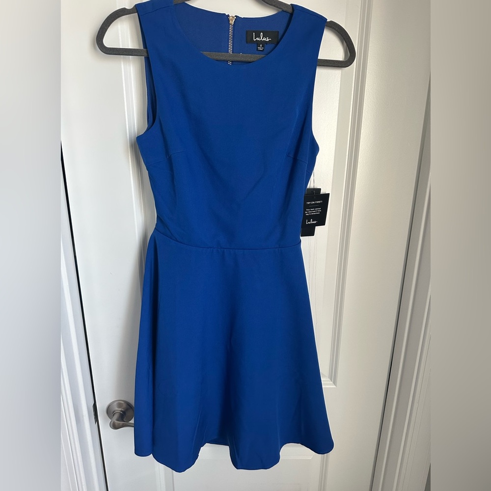 Lulu's Just Us royal blue open back fit n flare Skater dress size S